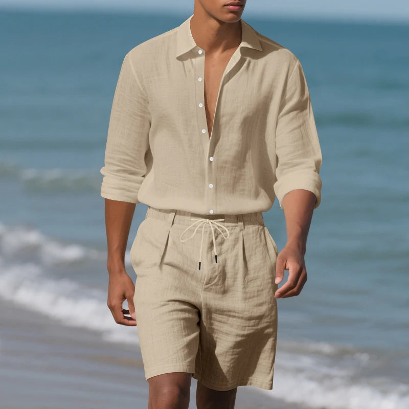 Men's Loose Trendy Linen Two-Piece Set: Shirt and Drawstring Shorts, Lightweight Summer Beach Casual Sports Outfit