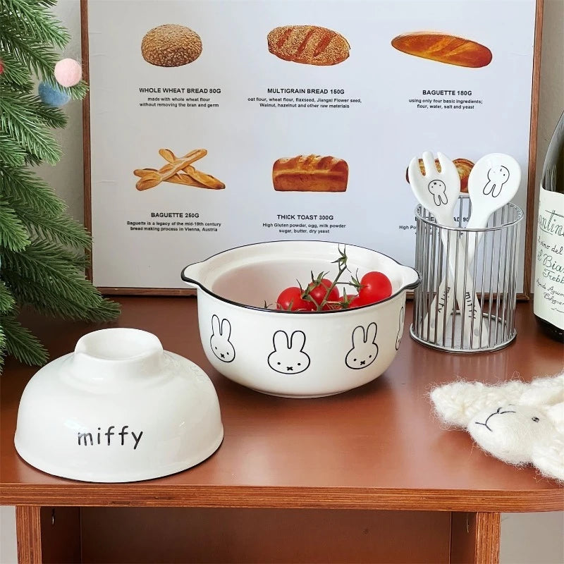 Kawaii Tableware Ceramic Rice Bowl with Lid Easy To Clean Household Use Instant Noodle Bowl Microwaveable Spoon Heating Miffy