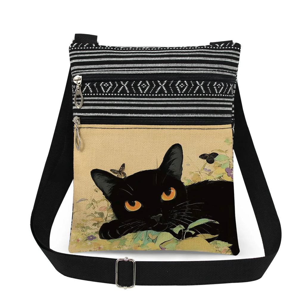 Cute Cartoon Black Cat Print Crossbody Bags Shoulder Bags For Women Daily Travel Portable Small Messenger Bags Catkeeper Gift