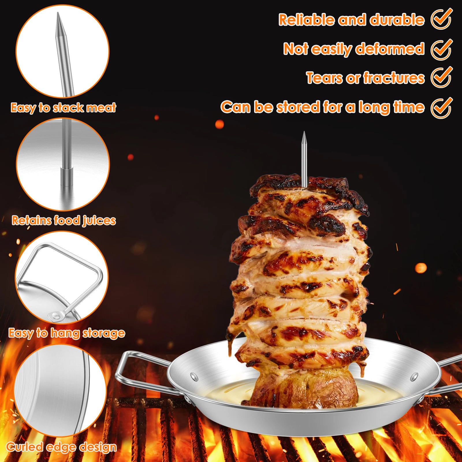 Stainless Steel Vertical Skewer BBQ Heavy Duty Stand Up Barbecue Skewers Roasting Drip Pan Chicken Roaster Rack Outdoor Garden