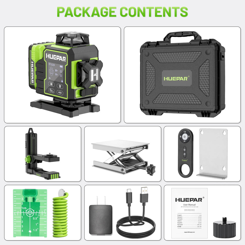 Huepar W04CG 16 Green Lines 4D Self-leveling Remote & Bluetooth Control Laser Level with LCD Touch Panel