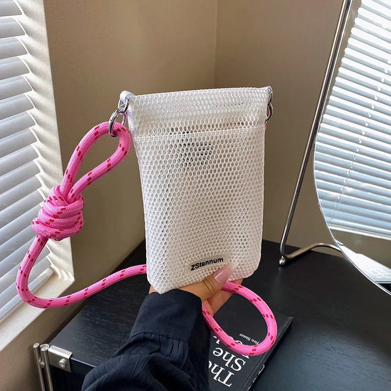 Sweet and Fresh Mobile Phone Bag for Women2025New Summer Hollow Out Single Shoulder Bag Crossbody Mesh Portable Storage Bag