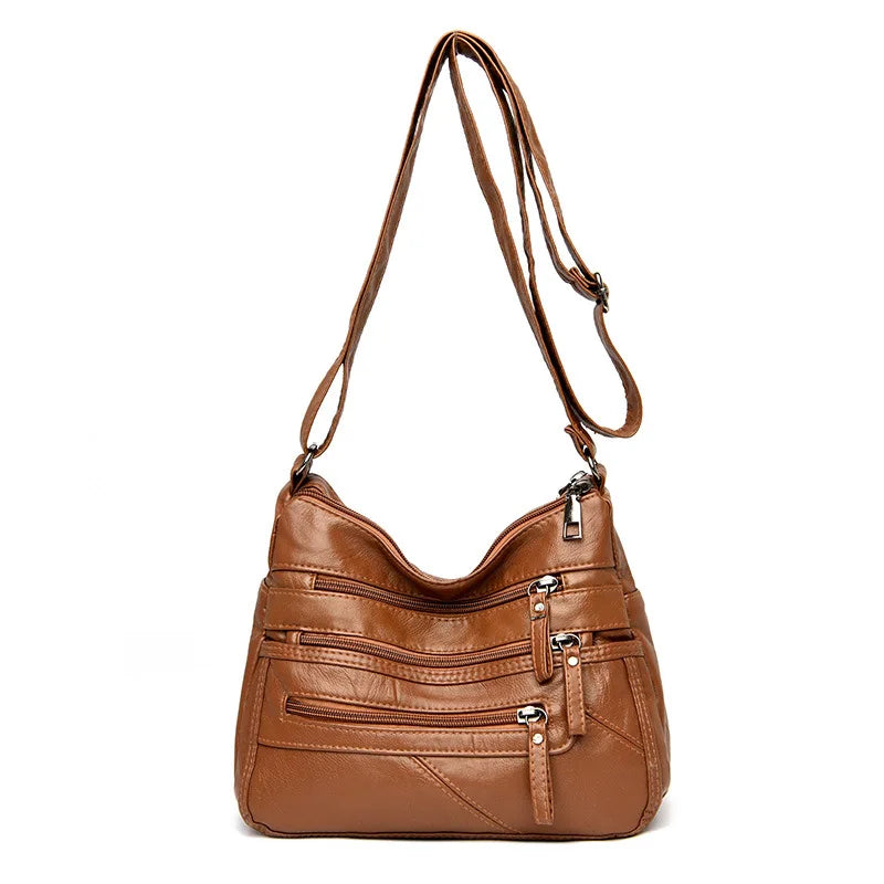 Washed Soft Leather Crossbody Bag for Women Double Layer Large Capacity Shoulder Box Bag Elegant Everyday Purse