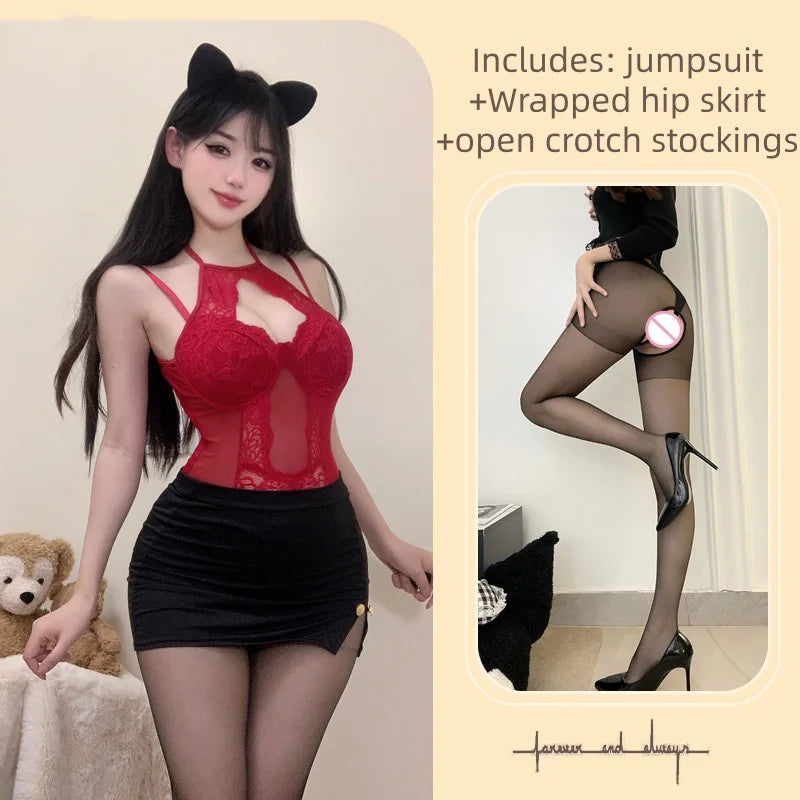 New Wrapped Hip Skirt Tight-fitting Hot Sleeveless Flirtatious Lace Mesh See Through Hollowed Out Neckband Tie Lingerie Jumpsuit