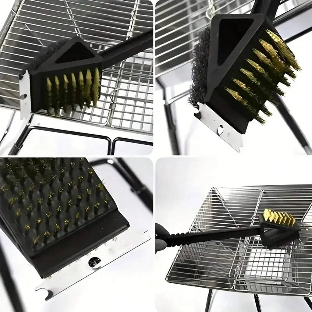 1pc-Long Handle BBQ Tool Barbecue Grill Oven Cleaning 3 in 1 CornerCopper Wire Brush for Outdoor PicnicCopper Wire Sponge Shovel