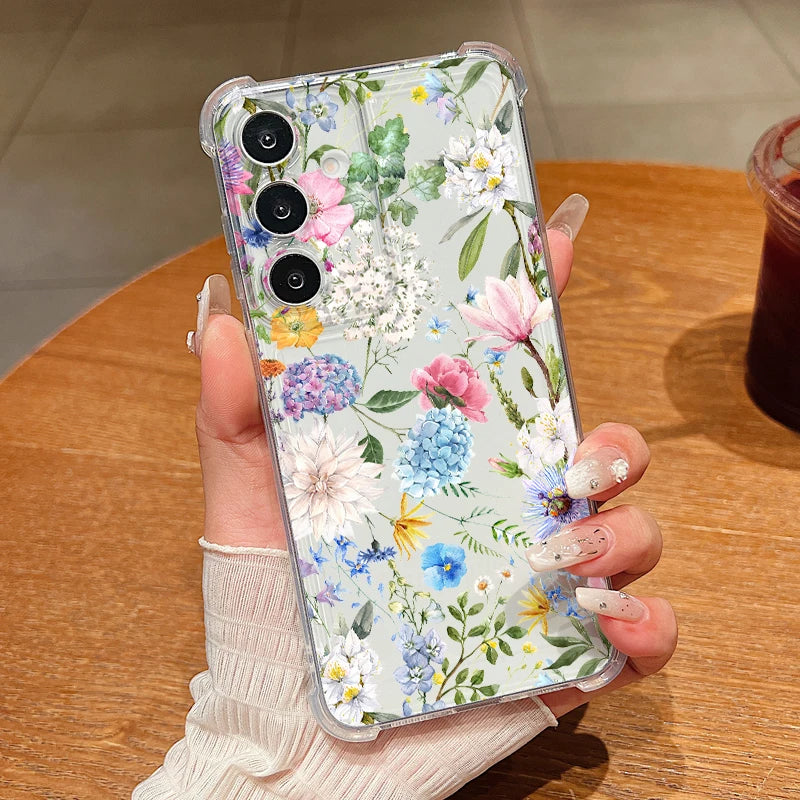 Colorful Flowers Pattern Clear Phone Case For Samsung Galaxy S26 S25 S24 S23 Ultra S22 Plus S21 S24 S25 FE Shockproof Soft Cover