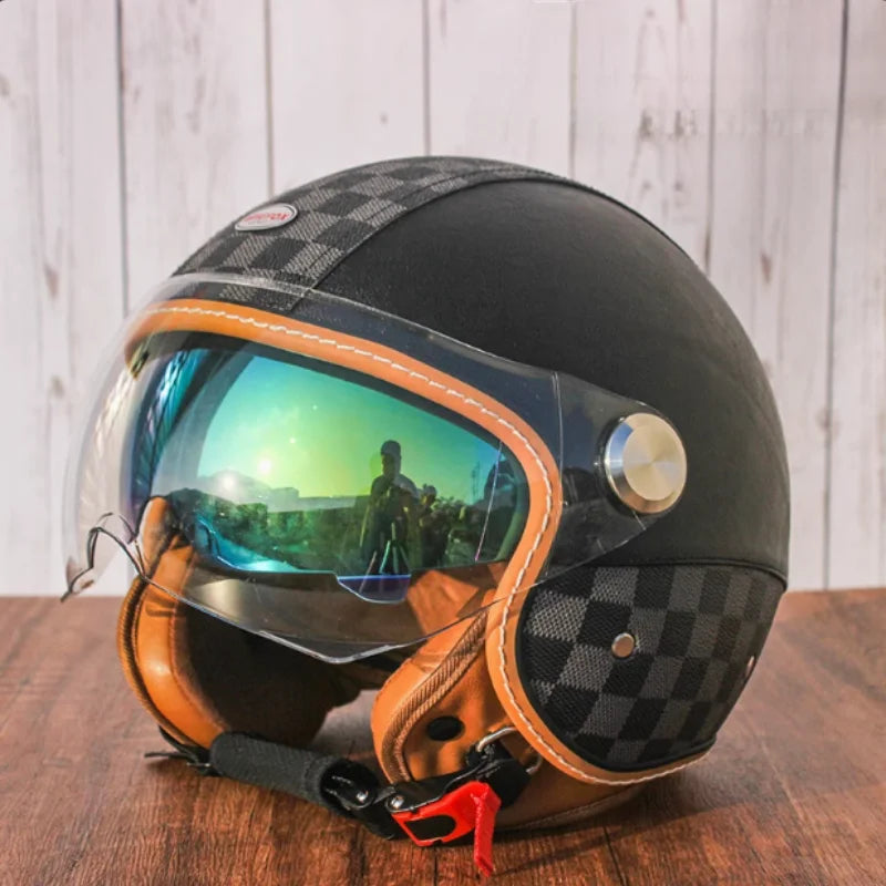 Brown Leather Original DOT ECE 3/4 Open Face Helmet MT Capacete Motorcycle Helmet JET Scooter Bike Half Helmets Cascos Para Moto