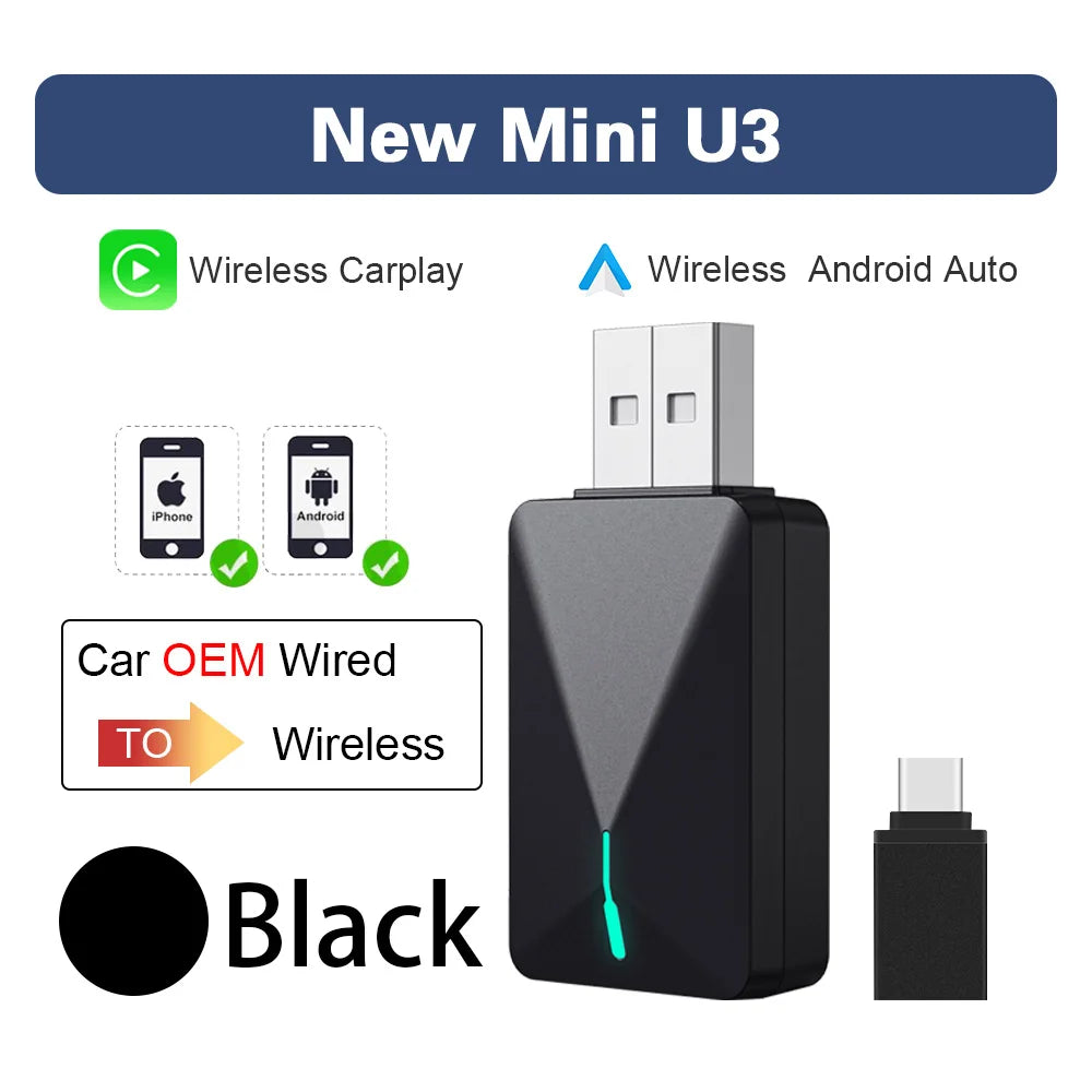 For Hyundai Kia Mazda Mini U3 Smart Box Wireless Carplay Adapter& Android Auto Dongle OTA For Car Wired to Wireless CP/AA