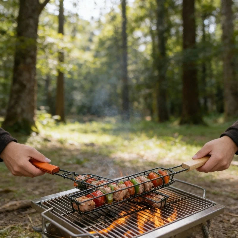 1pc Portable BBQ Grilling Basket Stainless Steel Nonstick  Mesh for Meat Vegetable Hamburger Barbecue Tool