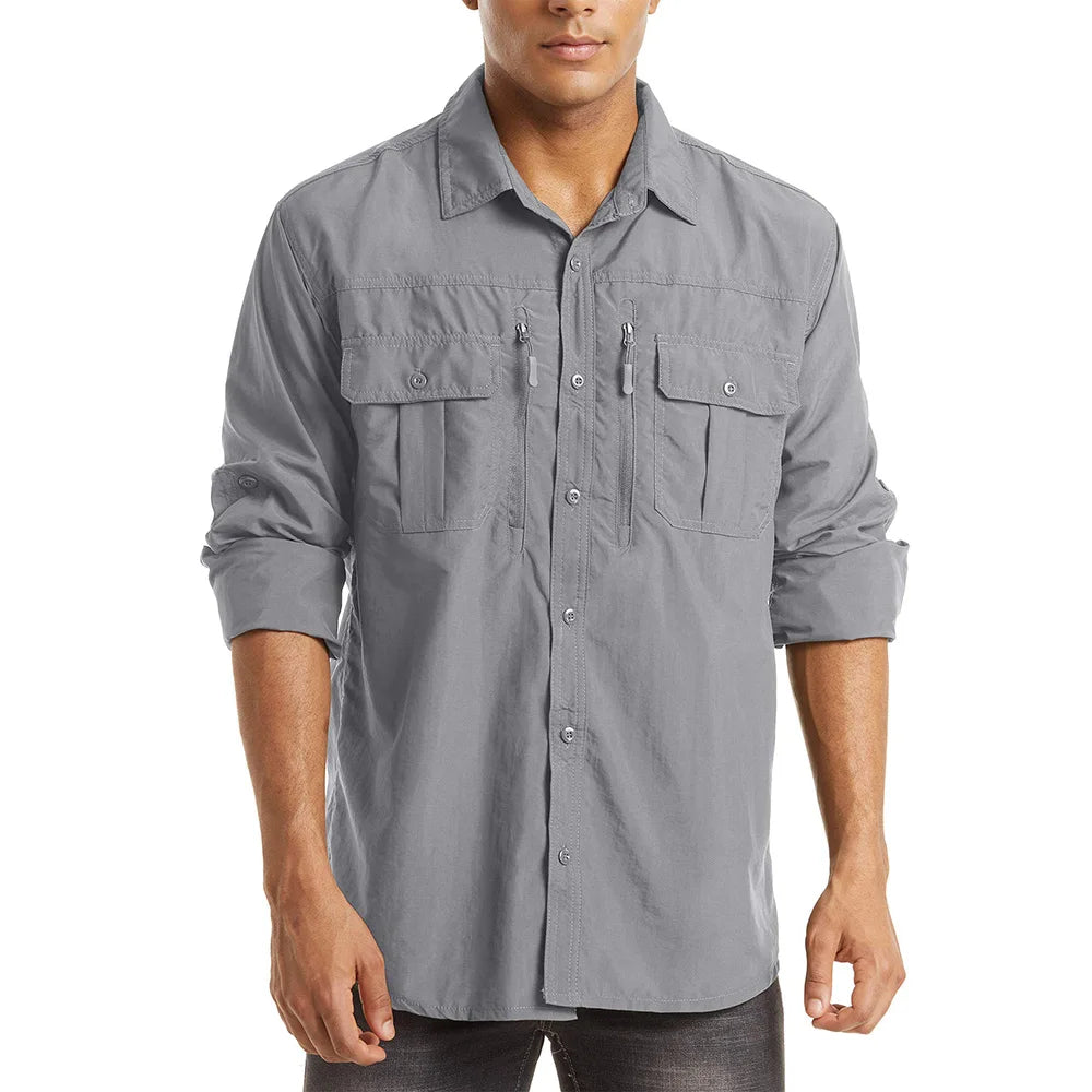 KEFITEVD Quick Dry Men's Hiking Shirts Zipper Chest Pocket Long Sleeve Cargo Shirts Lightweight Camping Trekking Fishing Shirt