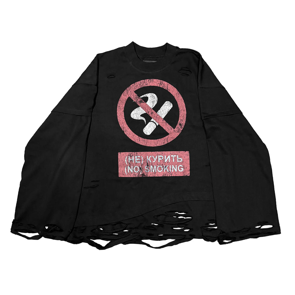 No Smoking Graphic Long Sleeve T-Shirt Men Distressed Grunge Style Oversized Top Vintage Anti-Smoking Sign Print Streetwear