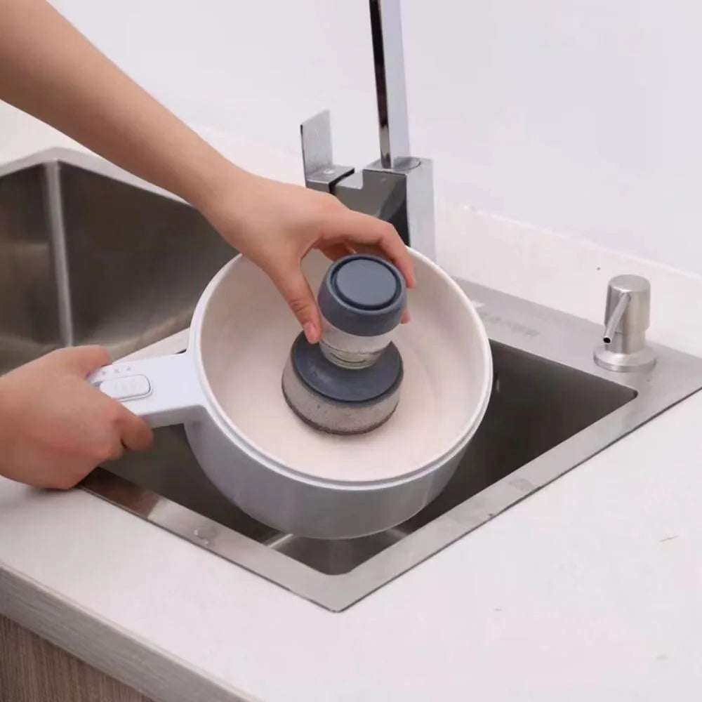 Upright Liquid Adding Pot Washing Brush Detachable Replaceable Brush Head Soap Dispensing Dish Washing Brush Grey