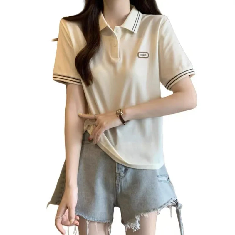 Summer Plus Size Women's New Arrival Color-Block College Style Loose Slimming Hiding Flesh Collar Short Sleeve T-Shirt