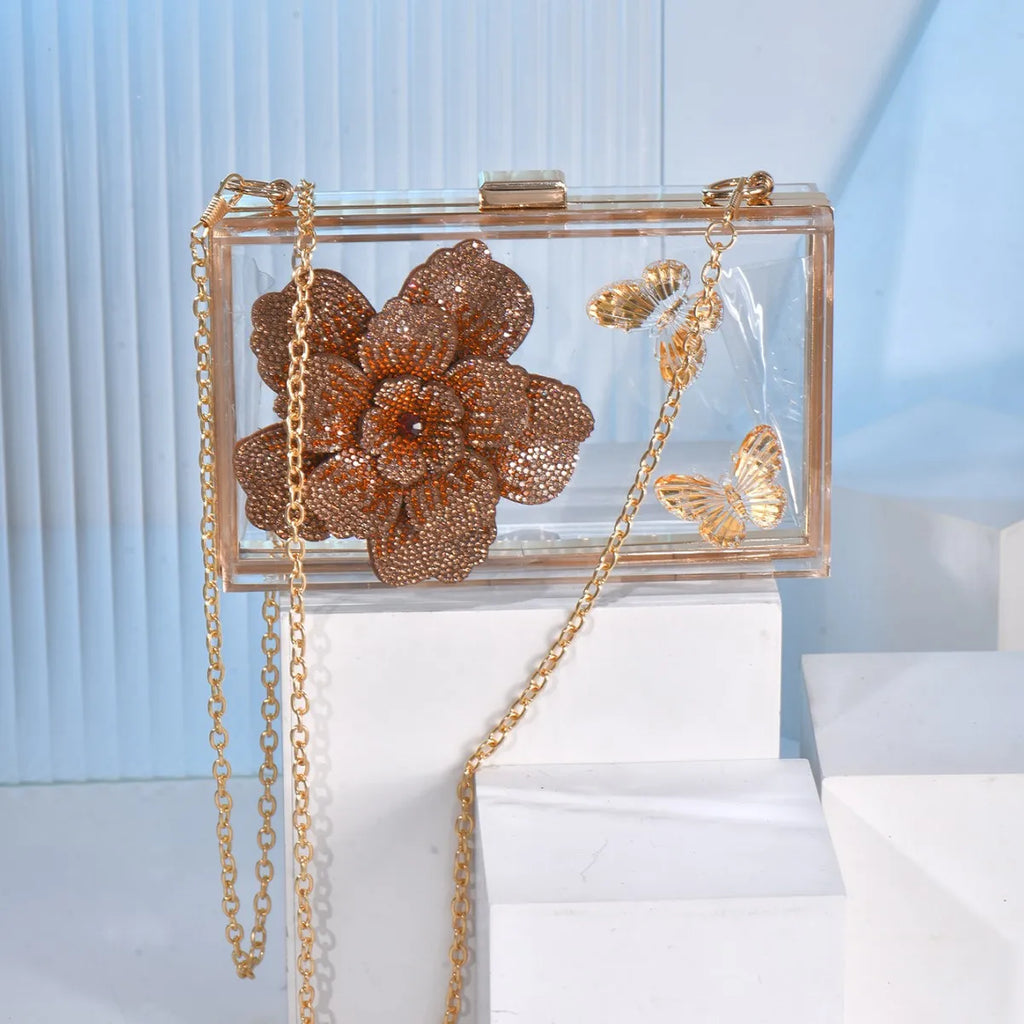 New transparent women's bag rhinestone celebrity high-end banquet clutch bag shoulder messenger chain party dinner bag