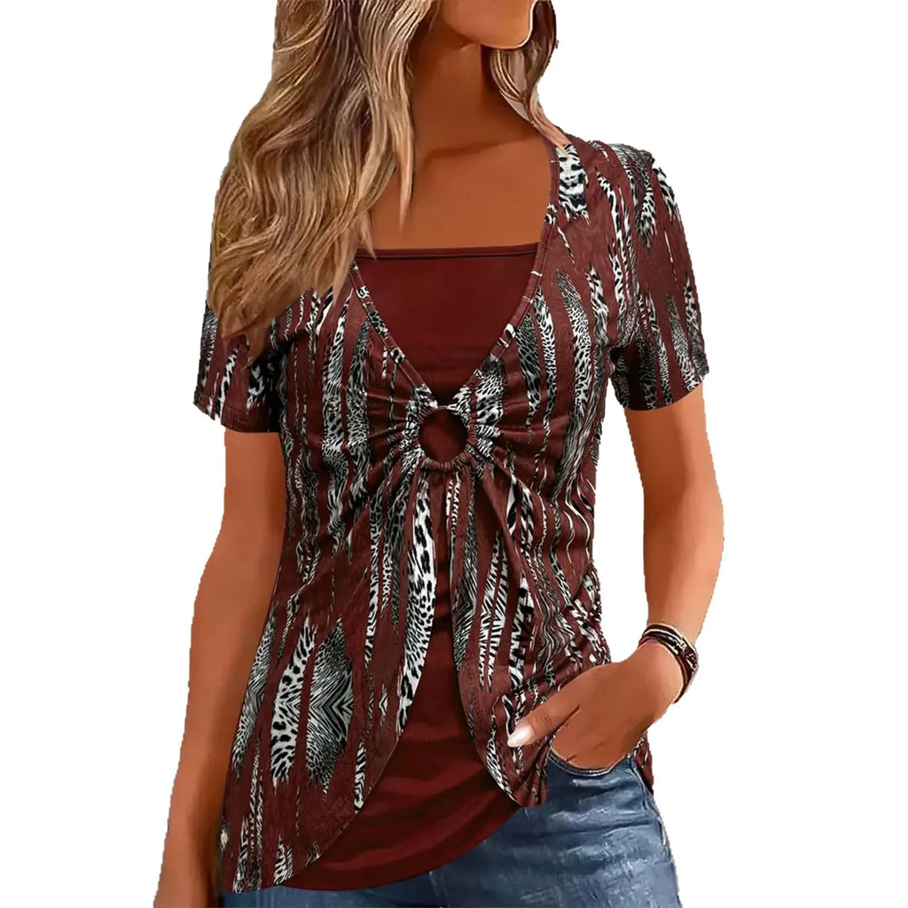 Retro Ethnic Style Short Sleeve T-Shirt Women's Summer New Fake Two-Piece Leopard Print Tops Plus Size Fashion Clothing 5XL 2025