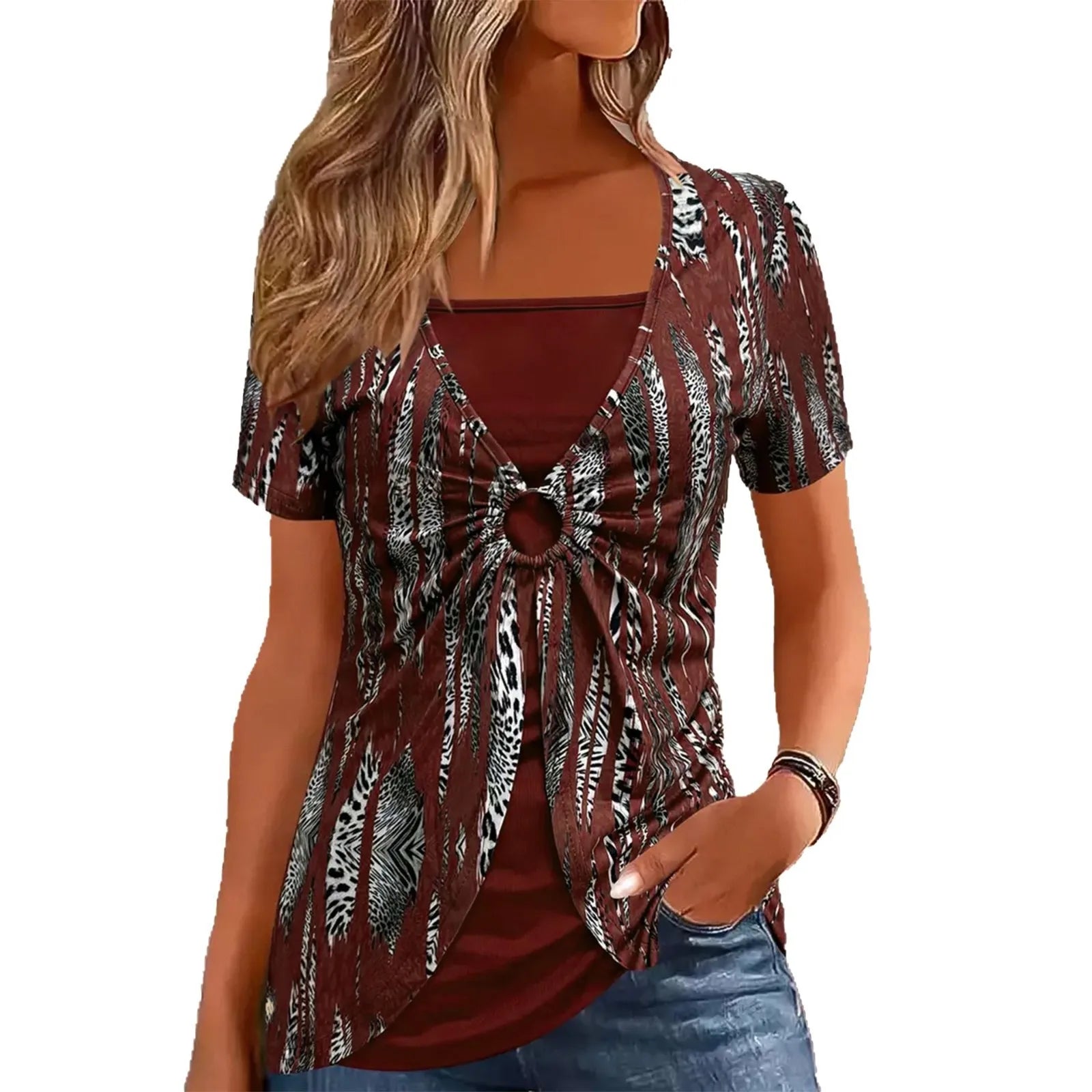 Retro Ethnic Style Short Sleeve T-Shirt Women's Summer New Fake Two-Piece Leopard Print Tops Plus Size Fashion Clothing 5XL 2025