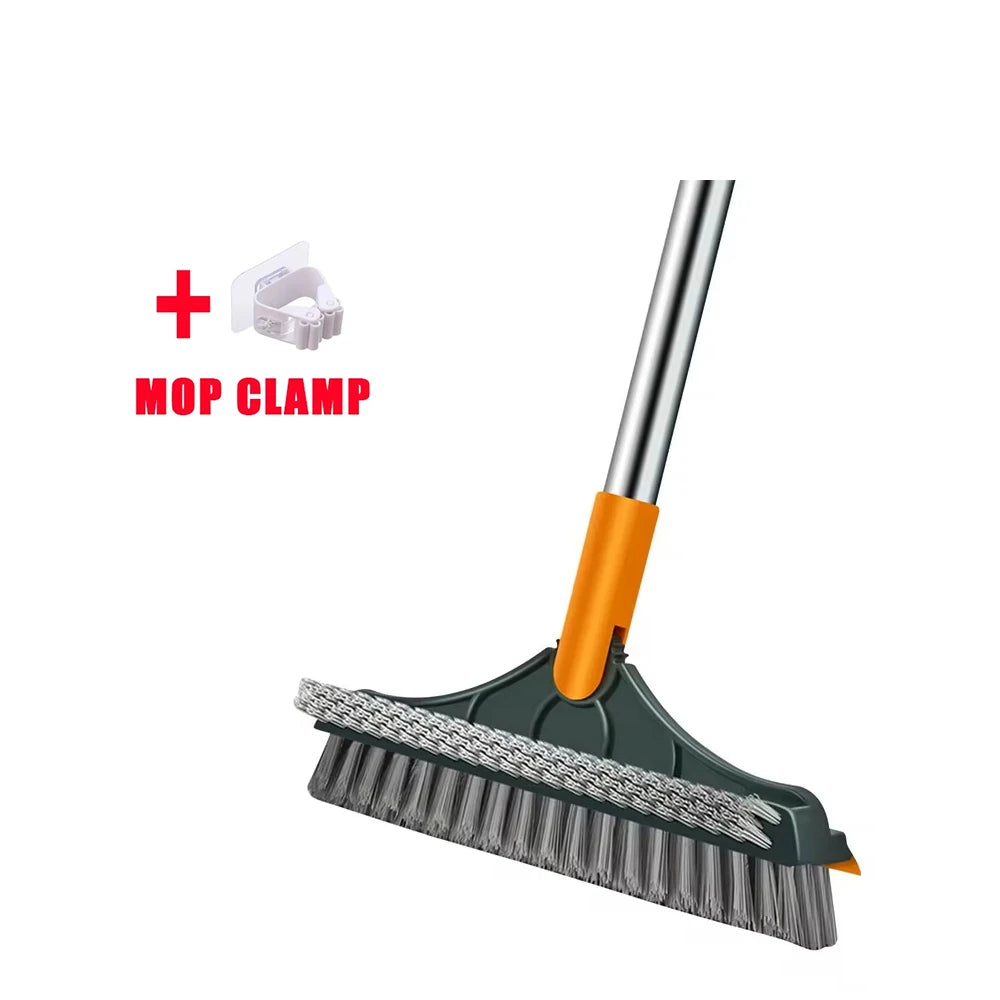 Scrub Brush Tile Cleaner Brush with Scraper with Squeeze 3-Section Adjustable Bathroom Brush with Long Handle V-Shaped Bristles