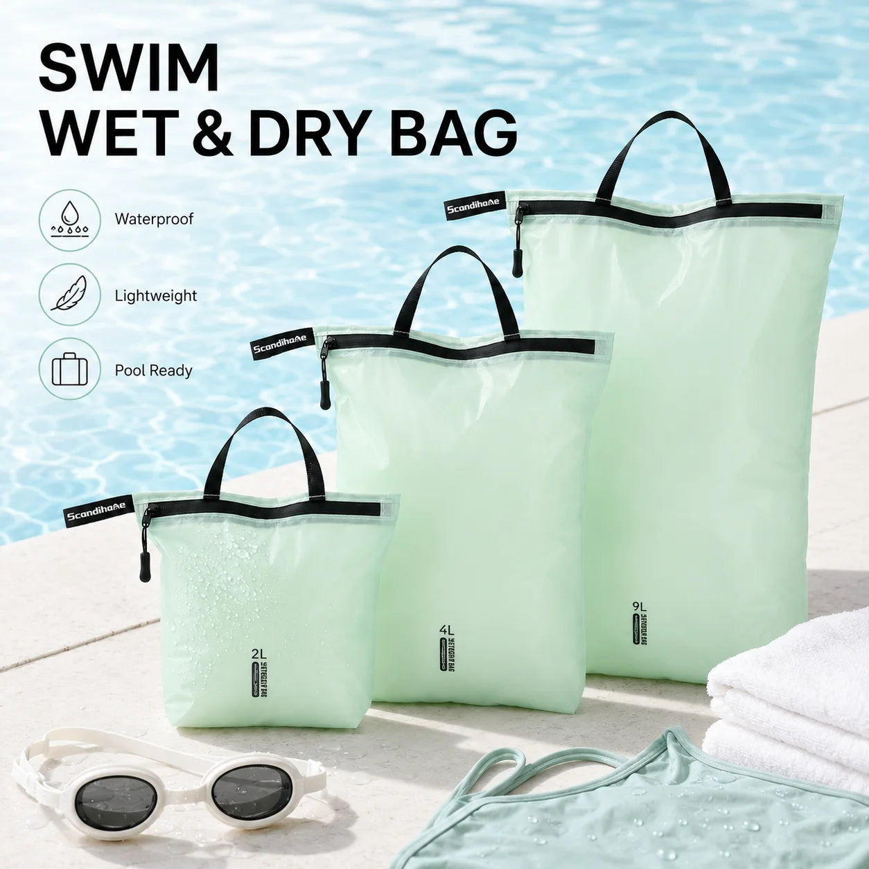 Waterproof Wet Dry Bag for Swimsuit Travel Beach Pool Gym Lightweight Nylon Zipper Organizer Shoe Toiletry Storage Pouch