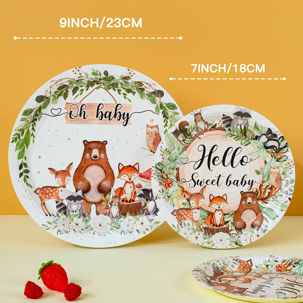 10/25/50pcs Watercolor Woodland Creatures Disposable Paper Plates for Nature Inspired Baby Party Supplies