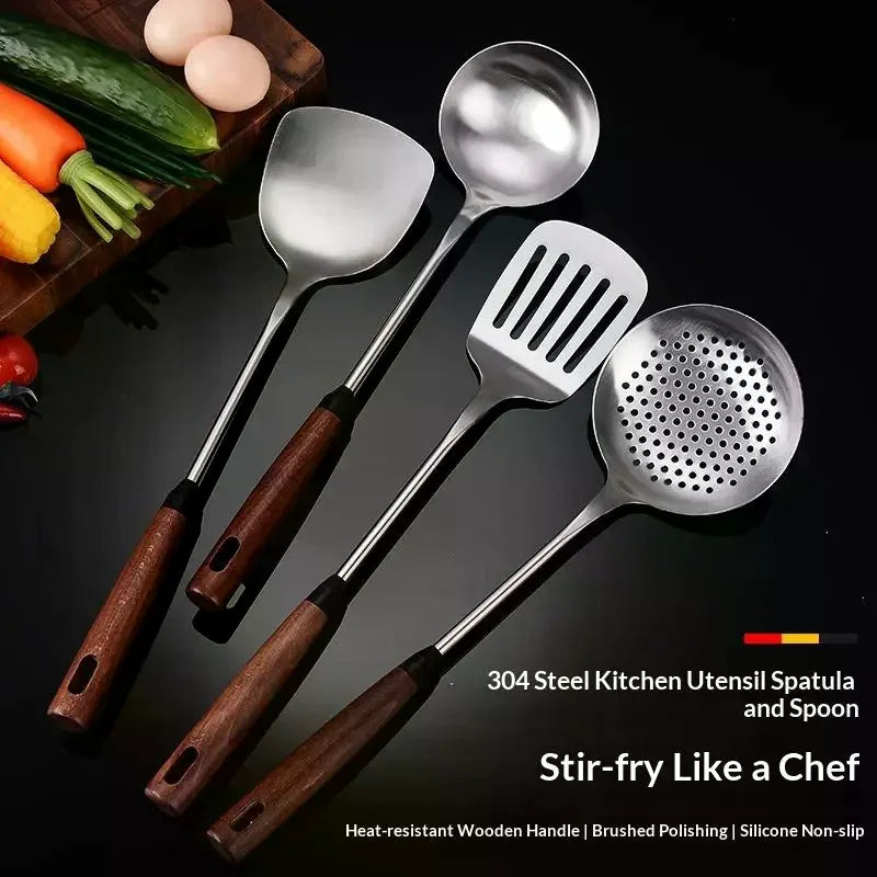 1Pcs Stainless Steel Turner With Wooden Handle Heat-Resistant Long Handle Soup Ladle Spatula Kitchen Cooking Utensils