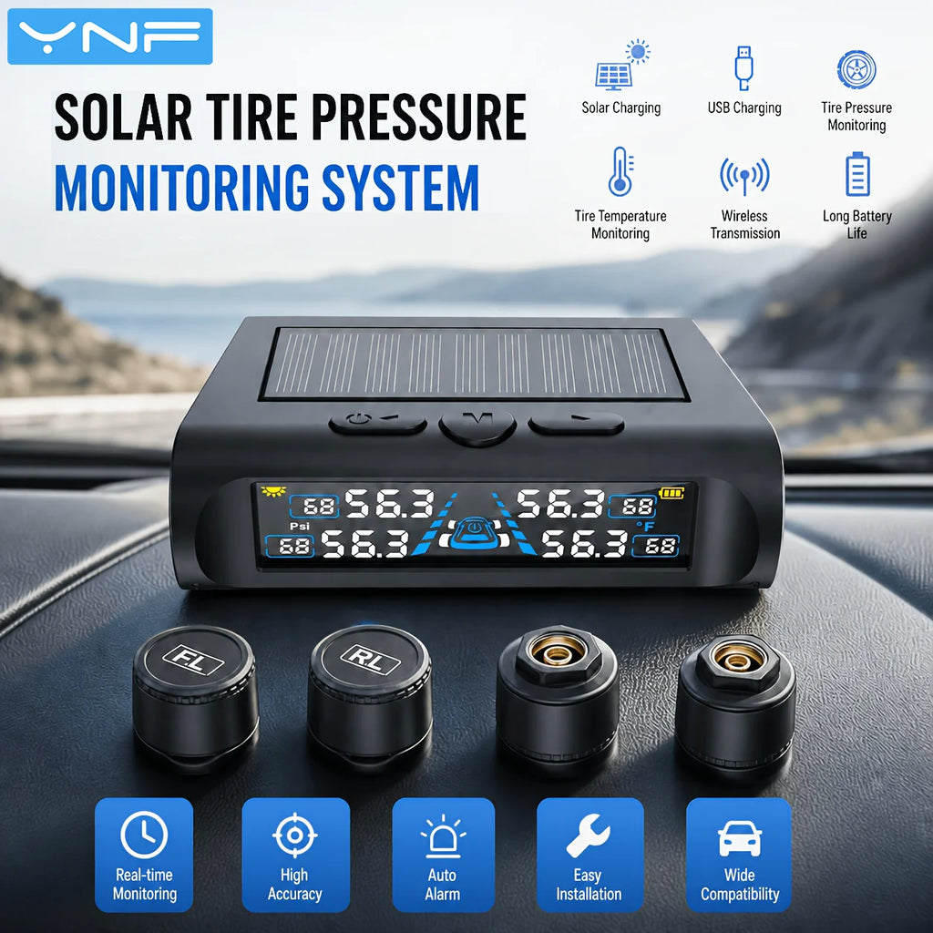 YNF TPMS Tire Pressure Monitor, 4 External Sensors, Real-Time Pressure & Temperature Check, Non-Destructive Easy Installation