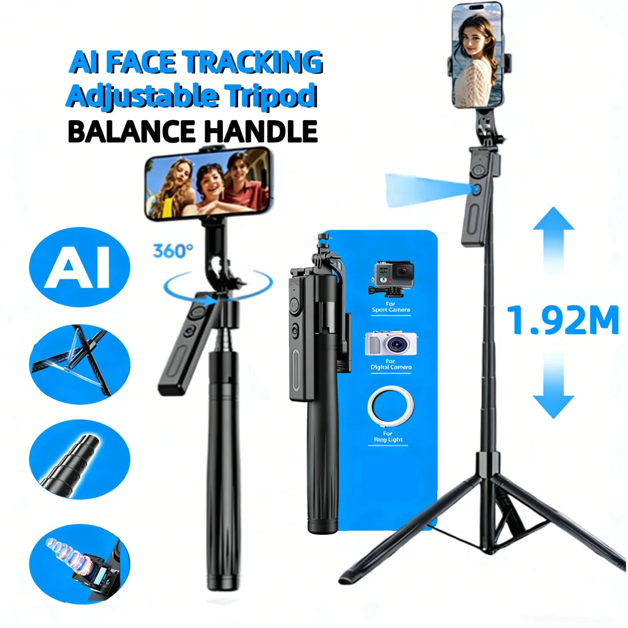 FANGTUOSI 192cm Tripod for Smartphone 360°Auto-Rotation Shooting Selfie Stick Phone Stand AI Face Following, with Remote Control