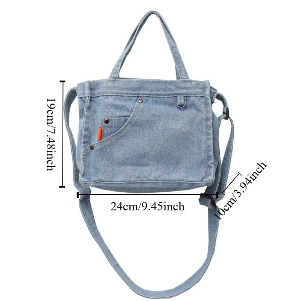 Fashion Large Capacity Denim Crossbody Bag Handbag Commute Canvas Tote Bag Simple Small Square Bag Cloth Shoulder Bag Boys