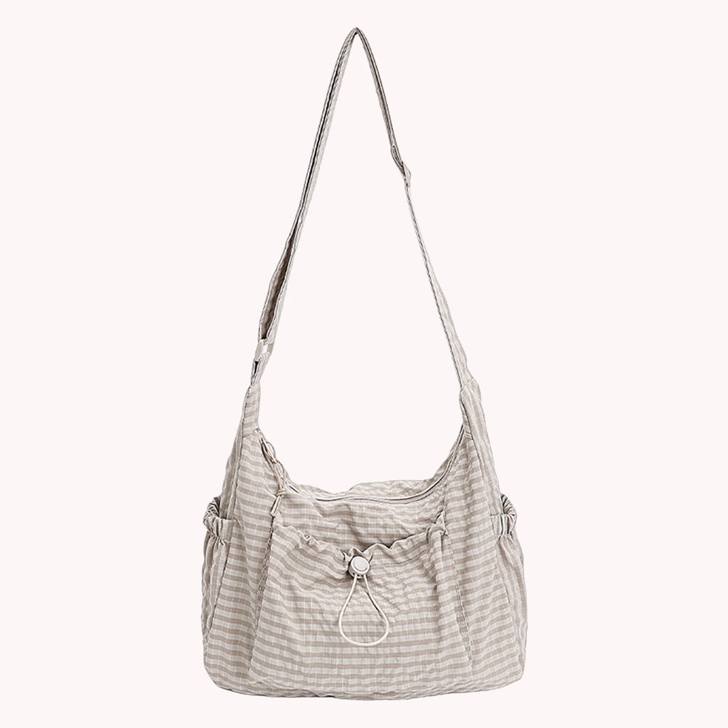 Women Checkered Sling Bag Nylon Pleated Cloud Shoulder Bag Large Capacity Stylish Plaid Tote Bag Shopping Date Handbag