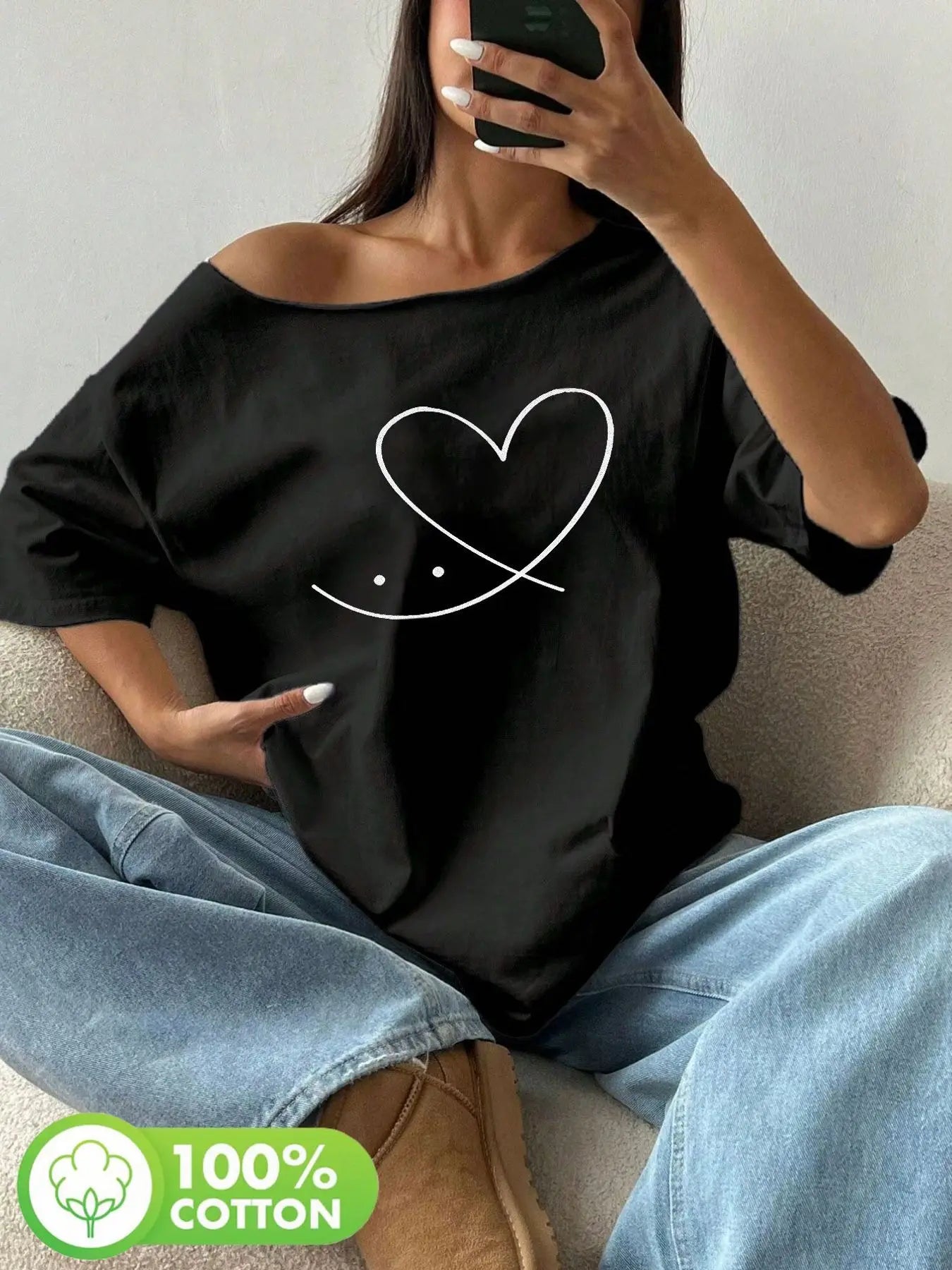 Plus Size Hand Drawn Sketchy Heart Smile Face Graphic Tee 100% Cotton Shoulder Loose Print T-Shirt Oversized Y2K Style Graphi