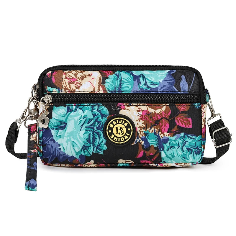 Lightweight Utility Crossbody Bag Durable Nylon Canvas Floral Print Multi Compartment Secure Zipper Women Travel Handbag