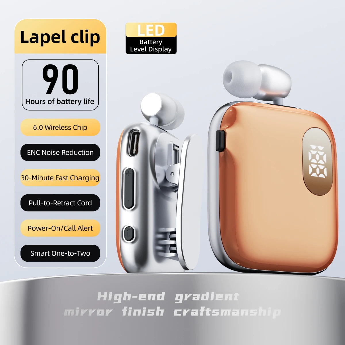 90H Playtime Bluetooth Headset V6 ENC Noise Canceling LED Power Display Retractable Lapel Clip Earphone for Meeting Driving K91