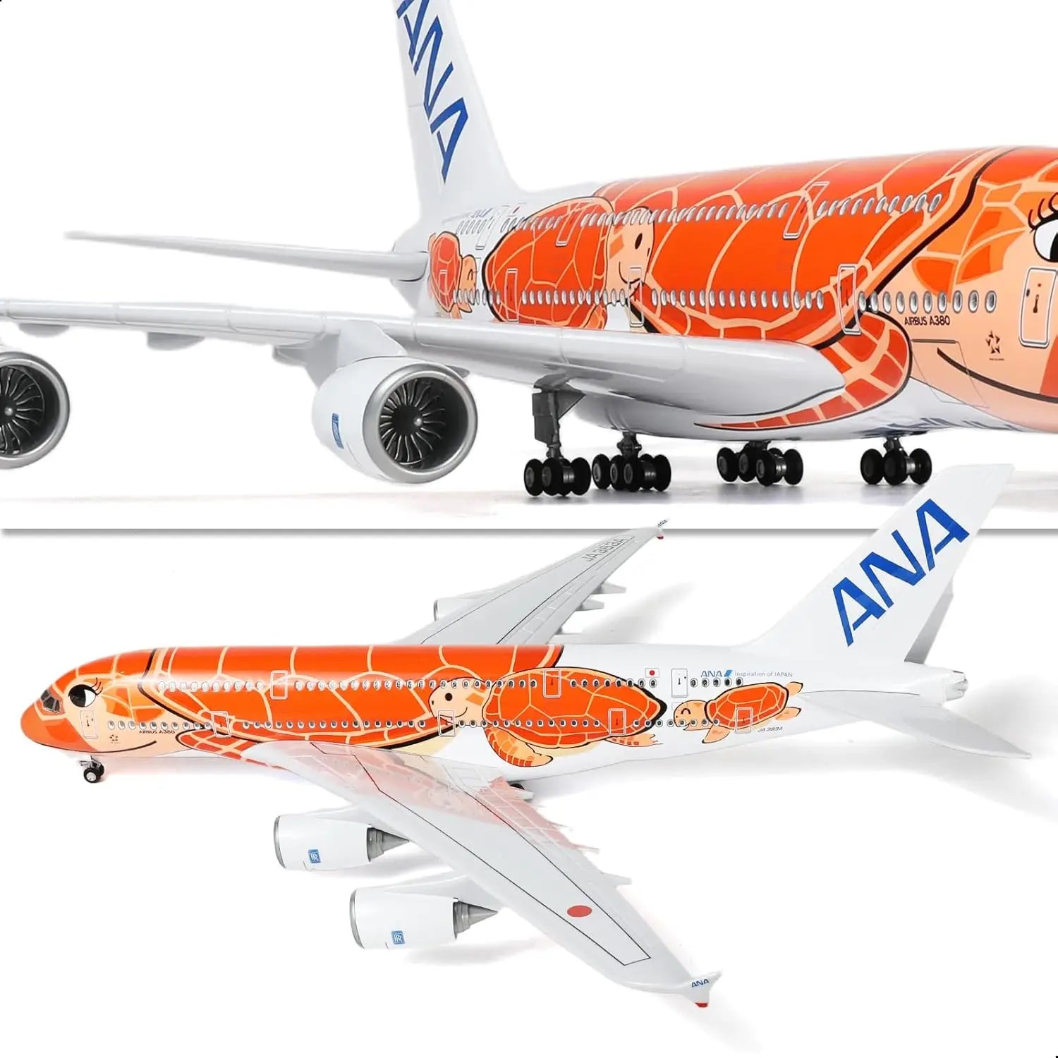 1/160 A380 for ANA Orange Turtle Airplane Model Kits with Display Stand for Adult Aviation Gifts or Aircraft Collection
