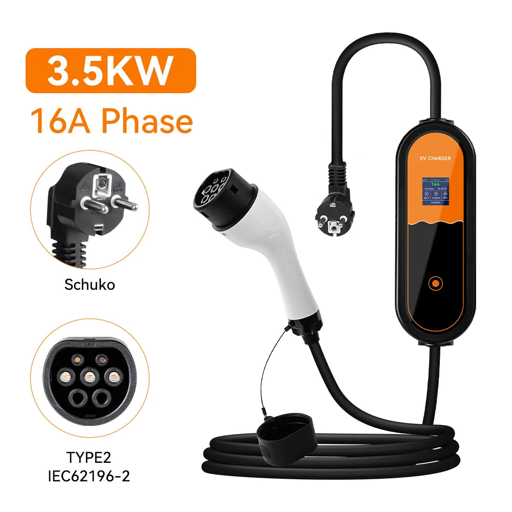 3.5KW Type2 Portable EV Charger 16A 1Phase EU Plug EVSE Charging 8A-10A-13A-16A Current Adjustable Electric Vehicle Charging