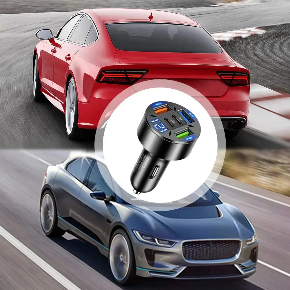 66W Car Charger QC 3.0 USB Type-c Quick Charging 5-Port USB A+USB C Fast Charging Cigarette Lighter Adapter For IPhone