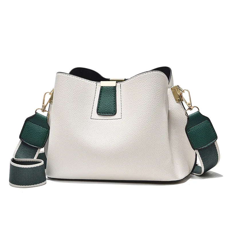 Minimalist Bucket Bag with Contrast Colors Strap & Hardware, Soft Textured Leather, Adjustable Crossbody Strap for Daily Wear
