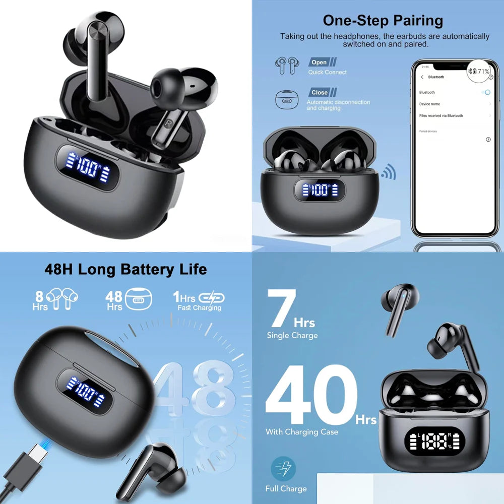 UYUXIO TWS Wireless Earbuds BT 5.4 Headphones HiFi Stereo LED Display Ear Buds with 48H Play Time Clear Calls for Phones Laptop