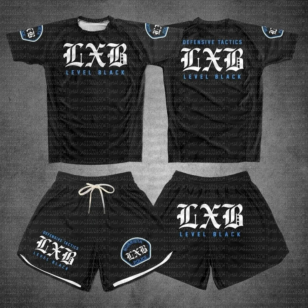 Quick Drying Black V1 LXB AJJ Rash Guard Gym Set Levelxblack RANKED V2 NIVEL NEGRO Jersey T-shirt and Shorts Combo for Fitness