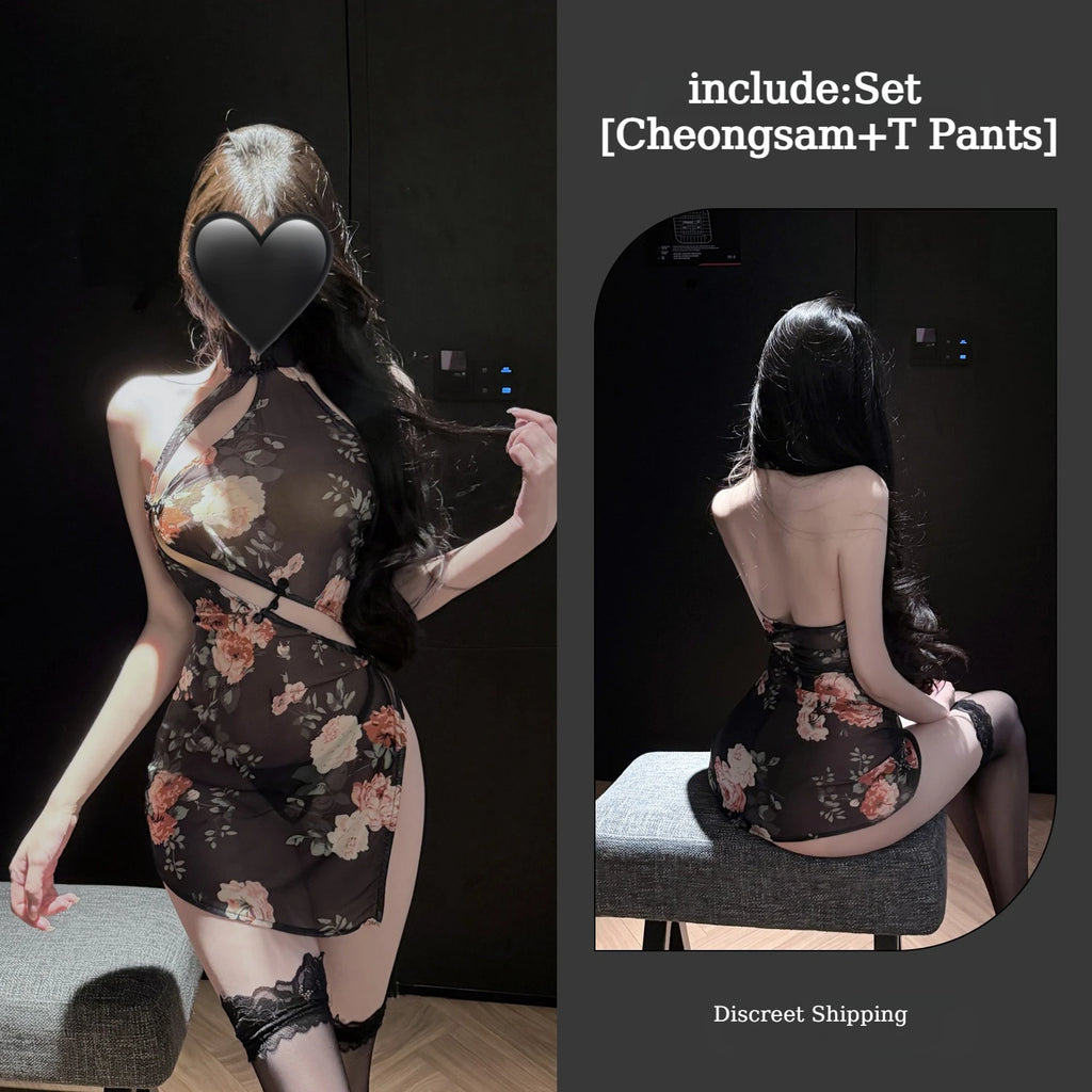 New Chinese Style Retro Socialite Cheongsam with Slanted Collar Printed Slit Style Lingerie New Chinese Irregular Cheongsam