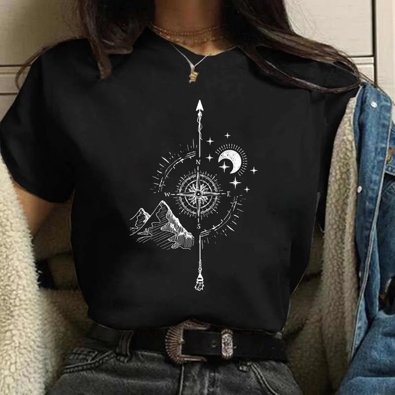 New Fashion Black Tops Funny Female T-shirt Casual Tee Woman Clothes Y2k Cute Tops Moon PrintWomen Harajuku Summer T Shirt Girl