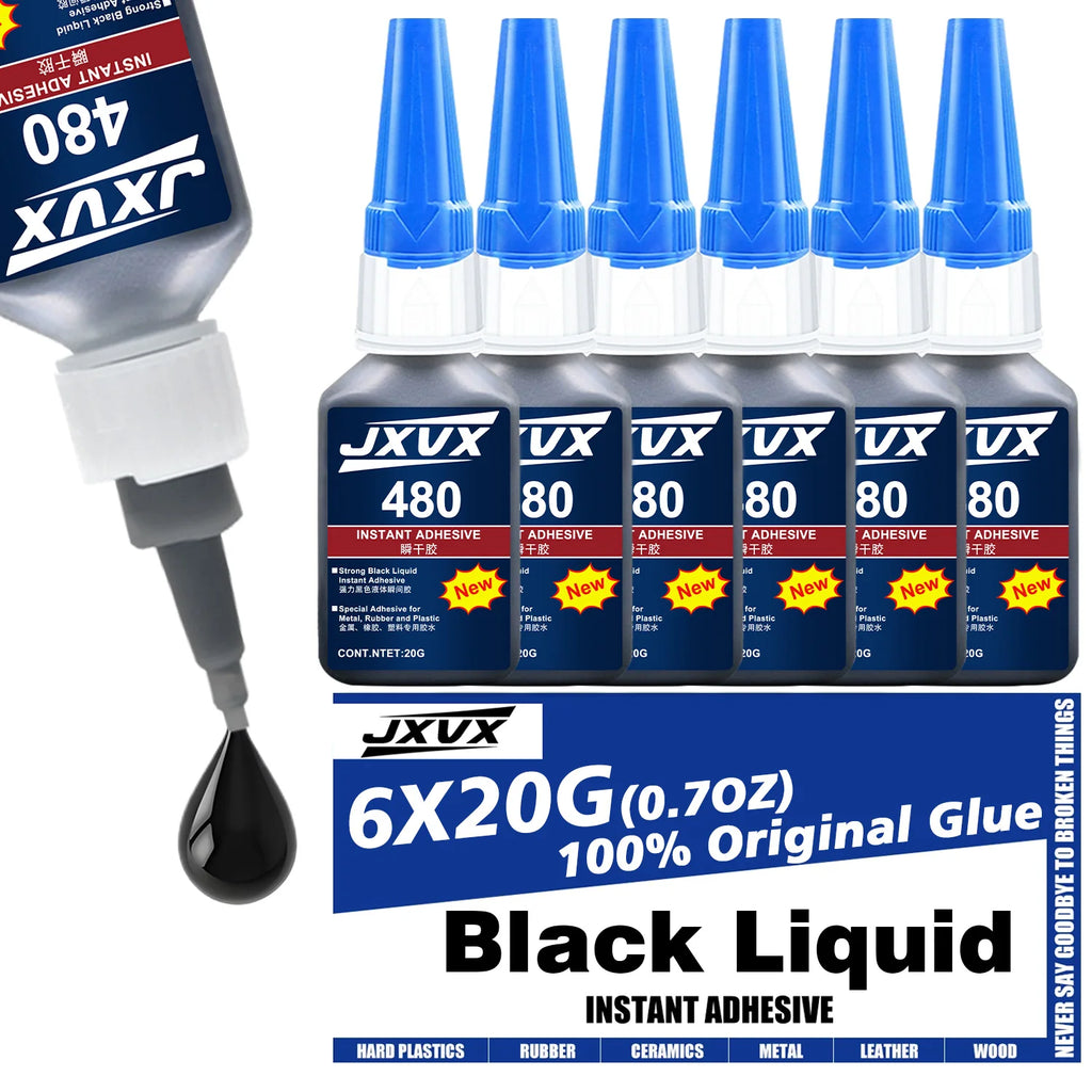 100% Original 480 Black Super Glue Instant Quick-drying Black Cyanoacrylate Adhesive Leather Rubber Tyre, plastic Strong Bond Liquid Glue Tool,with distribution 0.7oz (6pcs).