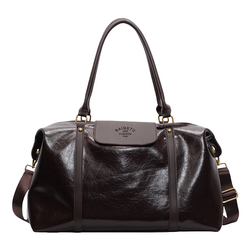 Fashion Large Capacity Handbag Casual Short Trip Travel Bag Holiday Gym Tote Bag, Retro Oil Wax Gloss PU Leather Crossbody Bag