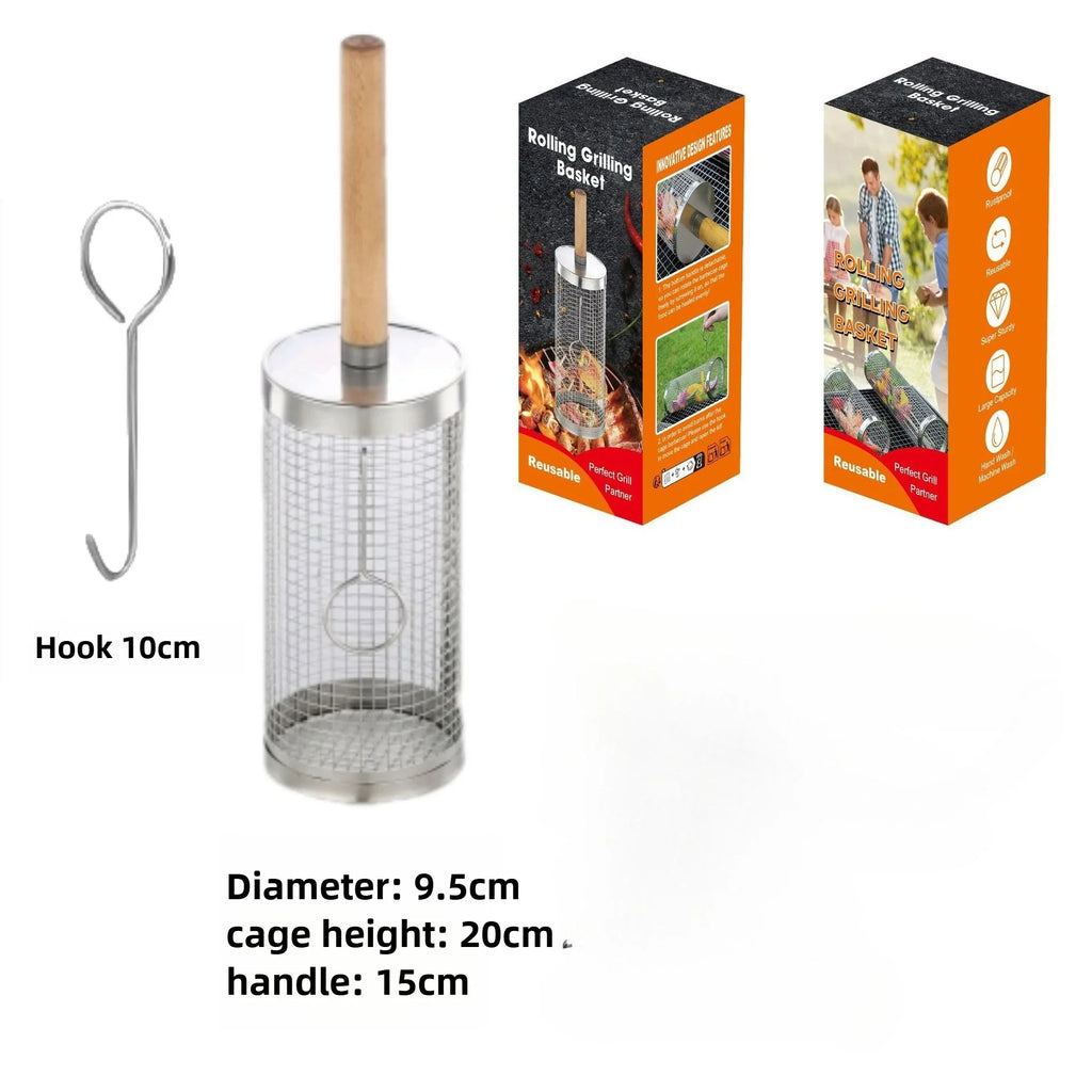 Portable Round Barbecue Net,304 Stainless Steel Barbecue Grill Nets,Rolling Barbecue Grill Cage,Barbecue Basket