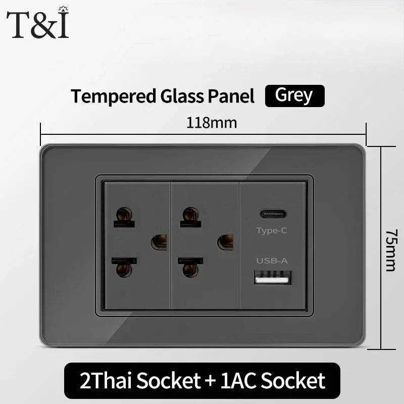 118*75mm Tempered Glass Socket US Wall Socket Grey Thai USB Socket Plug with Dual USB Type-C Ports,Light Switch 110V