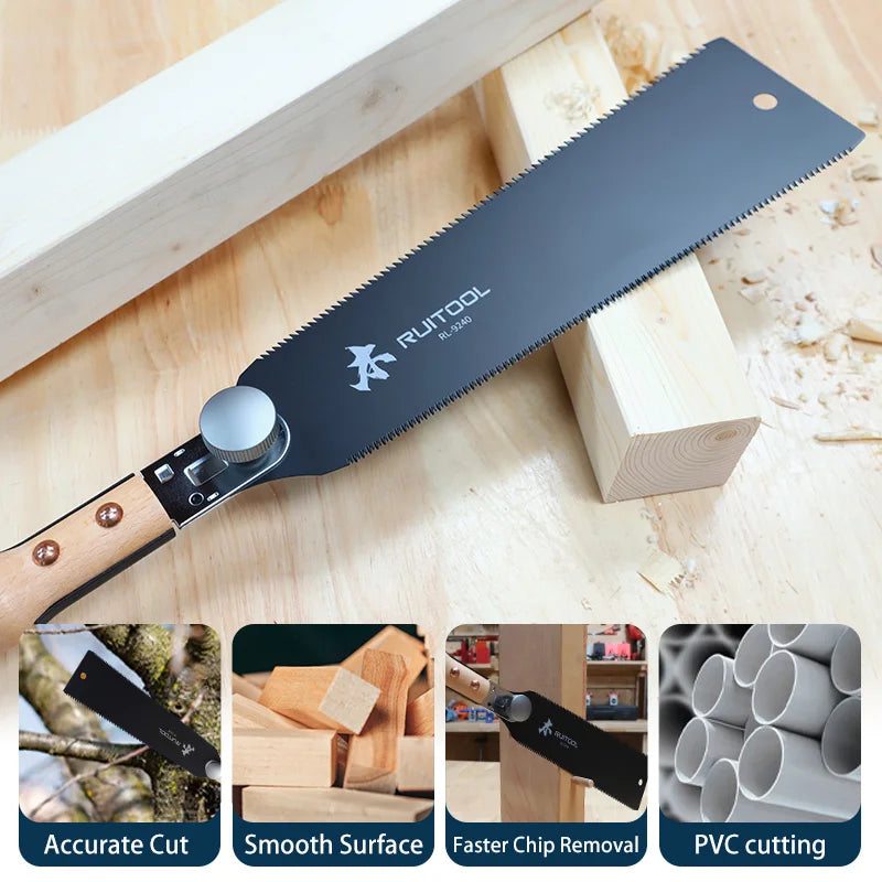Dual Sided Japanese Pull Saw Non Stick Teflon Coating Wooden Grip Ryoba Hand Saw for Smooth Cutting Tenons Carpentry Projects