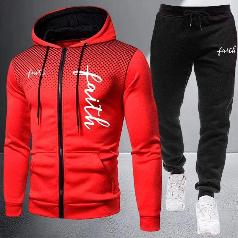 Autumn Winter Men's Jacket Tracksuit Printed Casual Zip Hooded Sweatshirt Coat Outdoors Sports Jogging Clothes Single Tops Pants