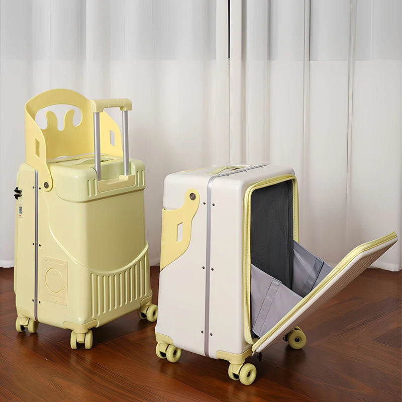 Front Opening Suitcase for Children can Sit 20/22 inch Ride on Luggage Sturdy Thickened PC Travel Suitcase with Cup Holder