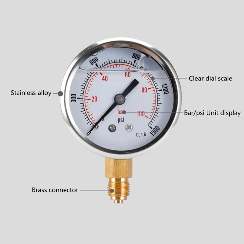 Glycerine Filled Vacuum Pressure Gauge 1/4'' BSP Bottom Connection 100 Bar 0-1500 PSI Water Air Oil Gas Gauge Dual Scale