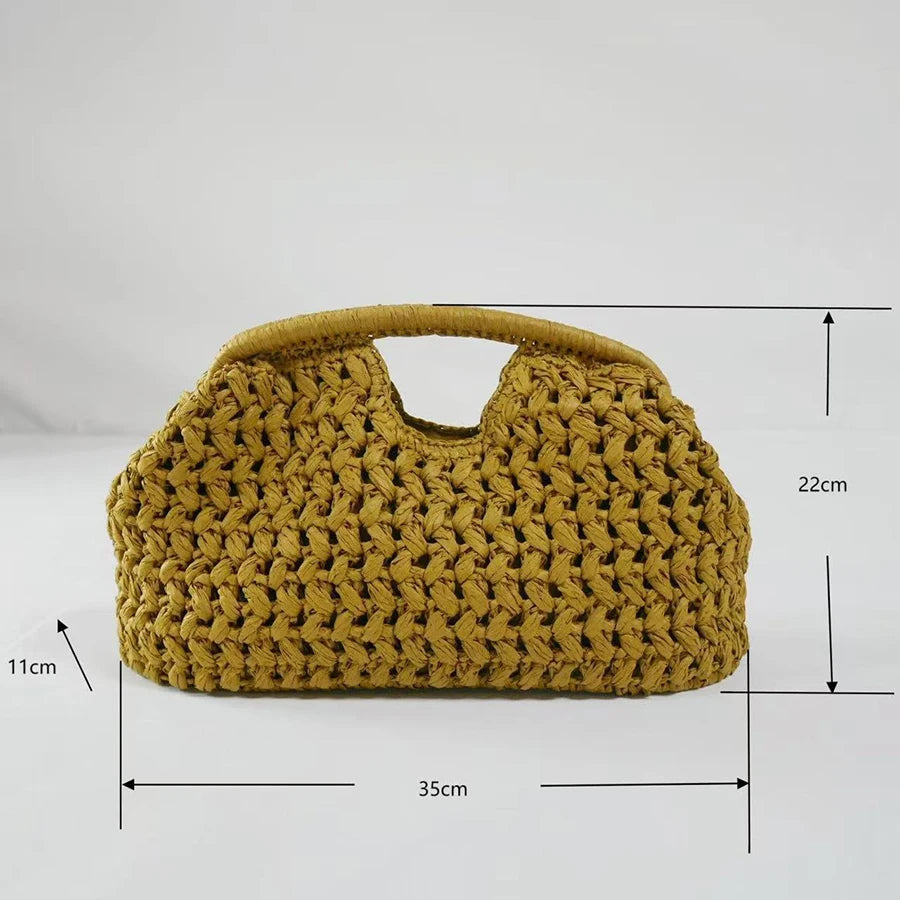Natural Fiber Snap Clutch Bag,Spanish Seaside Women's Straw Woven Handbag,Summer Beach Travel Vacation Evening Elegant Purse