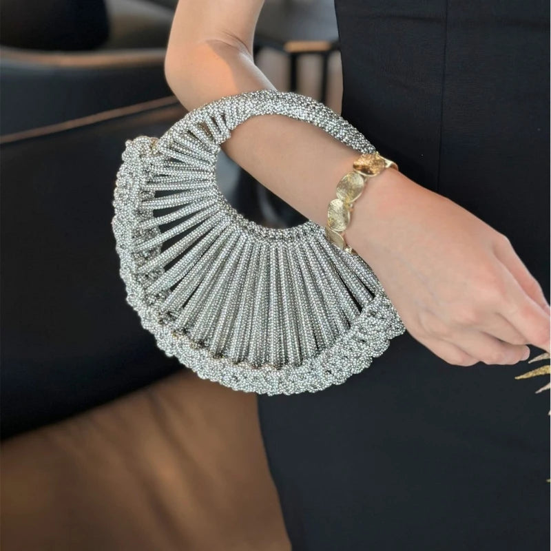 Shiny Clutch Evening Bag Female 2026 Trend Handwoven Silver Rayon Circular Handbag New Elegant Luxury Wedding Party Banquet Bag