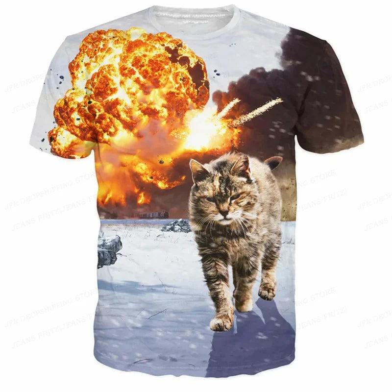 3D Printed Funny Cat T Shirt for Men Animal Food Pattern Tees Summer Street Oversize Short Sleeve Tops Loose Round Neck T-Shirts